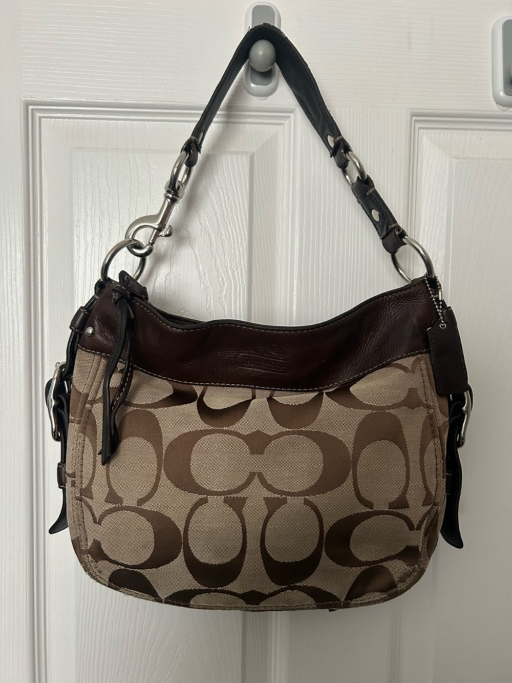 Coach Zoe Hobo Signature Canvas in Tan and Dark Brown Leather F12657
